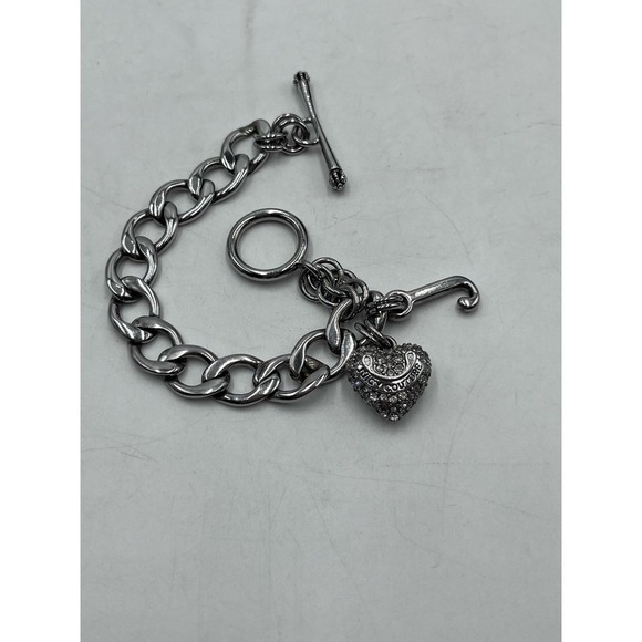 Juicy Couture Silver Tone Toggle Charm Starter Bracelet Pave Heart J - Picture 3 of 9